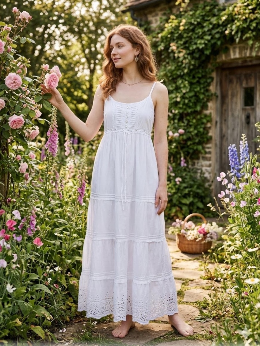 ✨ White Cotton Eyelet Maxi Dress Cottagecore Romantic Boho PS ✨